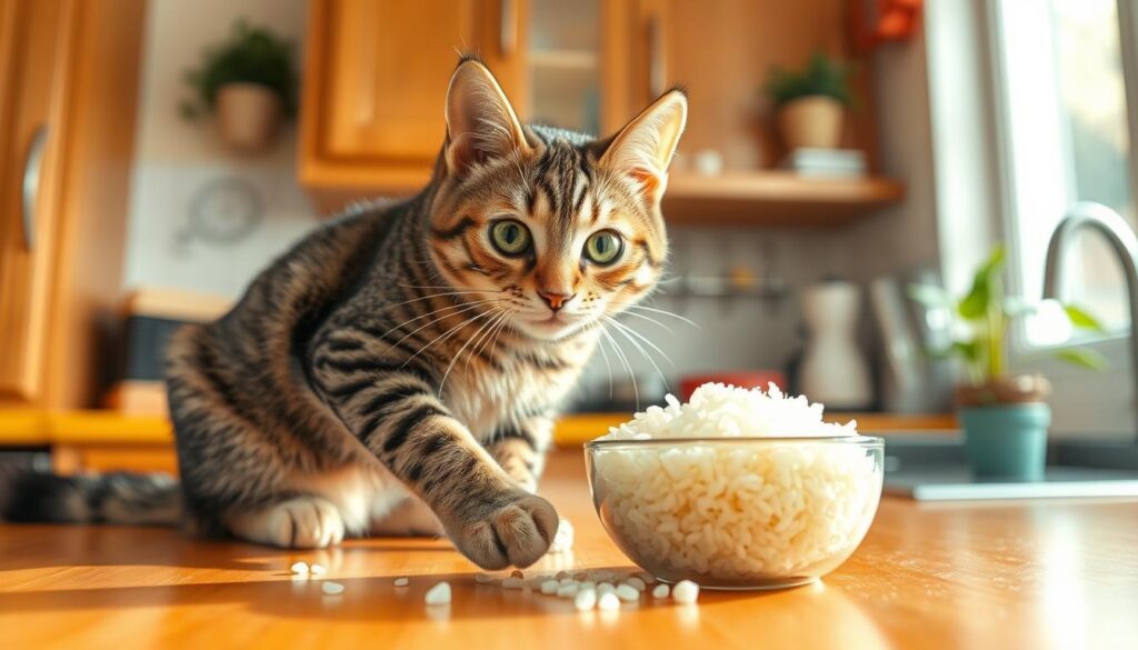 cat eating rice