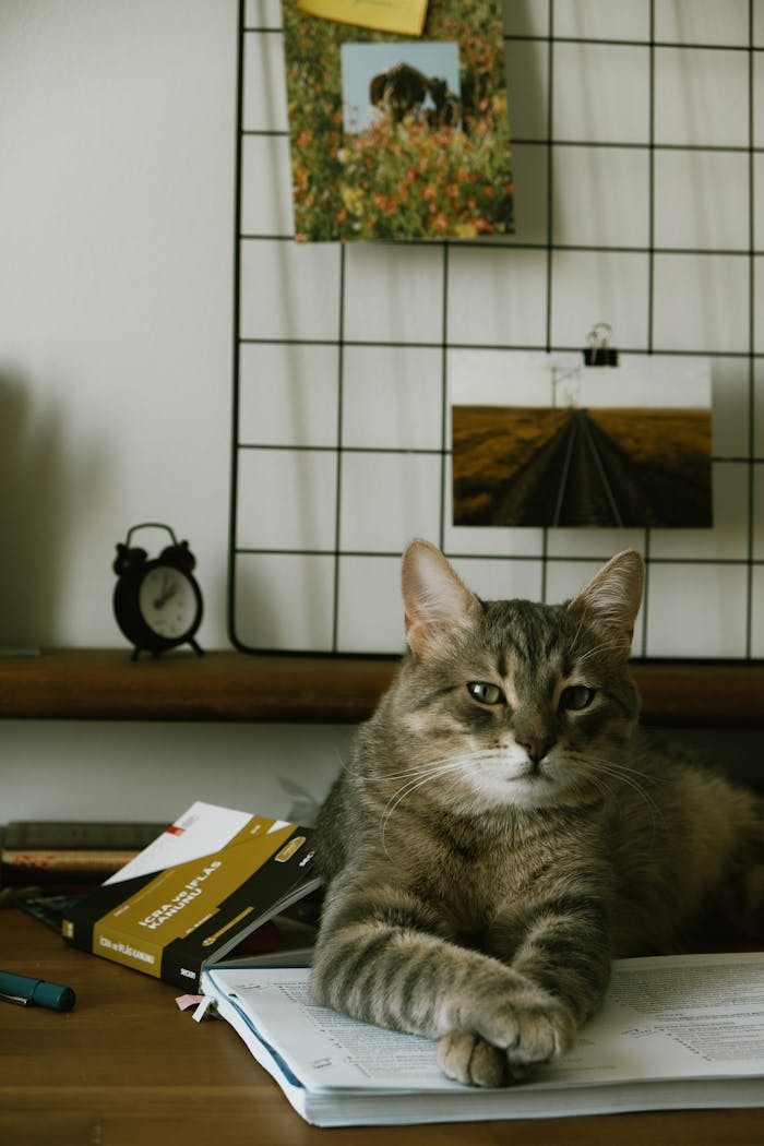 A cute tabby cat lounging on a desk surrounded by books and decor in a cozy indoor setting.