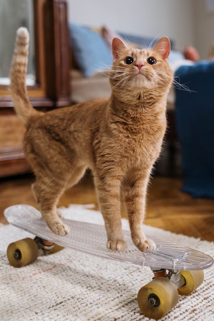 Charming ginger cat balancing on a clear skateboard indoors, capturing feline curiosity and playfulness.